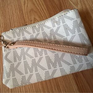 Michael Kors Beige and White MK Logo Wristlet